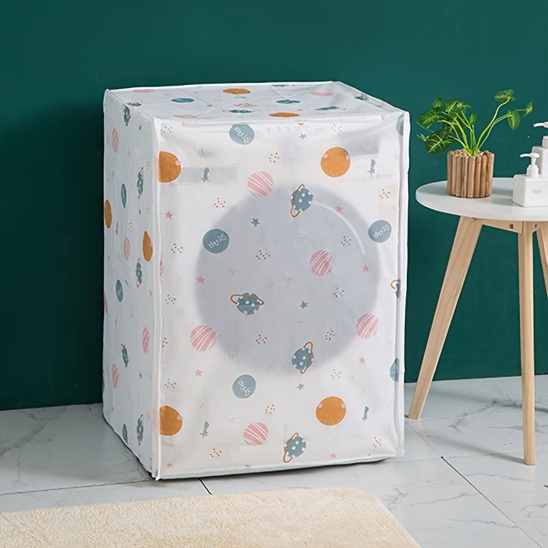 Translucent PEVA Washing Machine Cover fits Front-Loading & Roller Models, with Colorful Pattern Design, for dust protection.