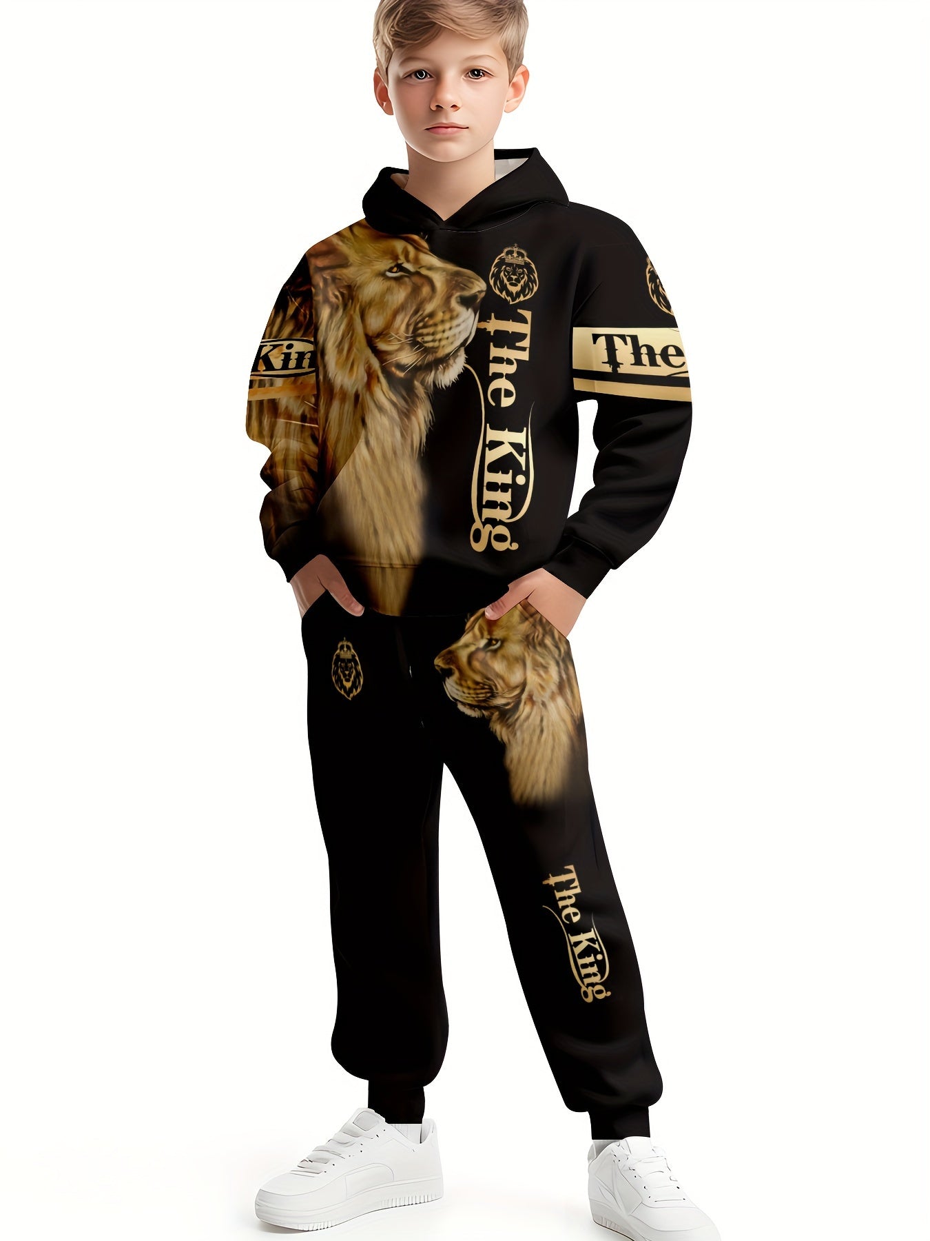 Boys' 3D Lion Print Hoodie & Joggers Set - Casual, comfy polyester outfit perfect for outdoor activities in spring/fall.