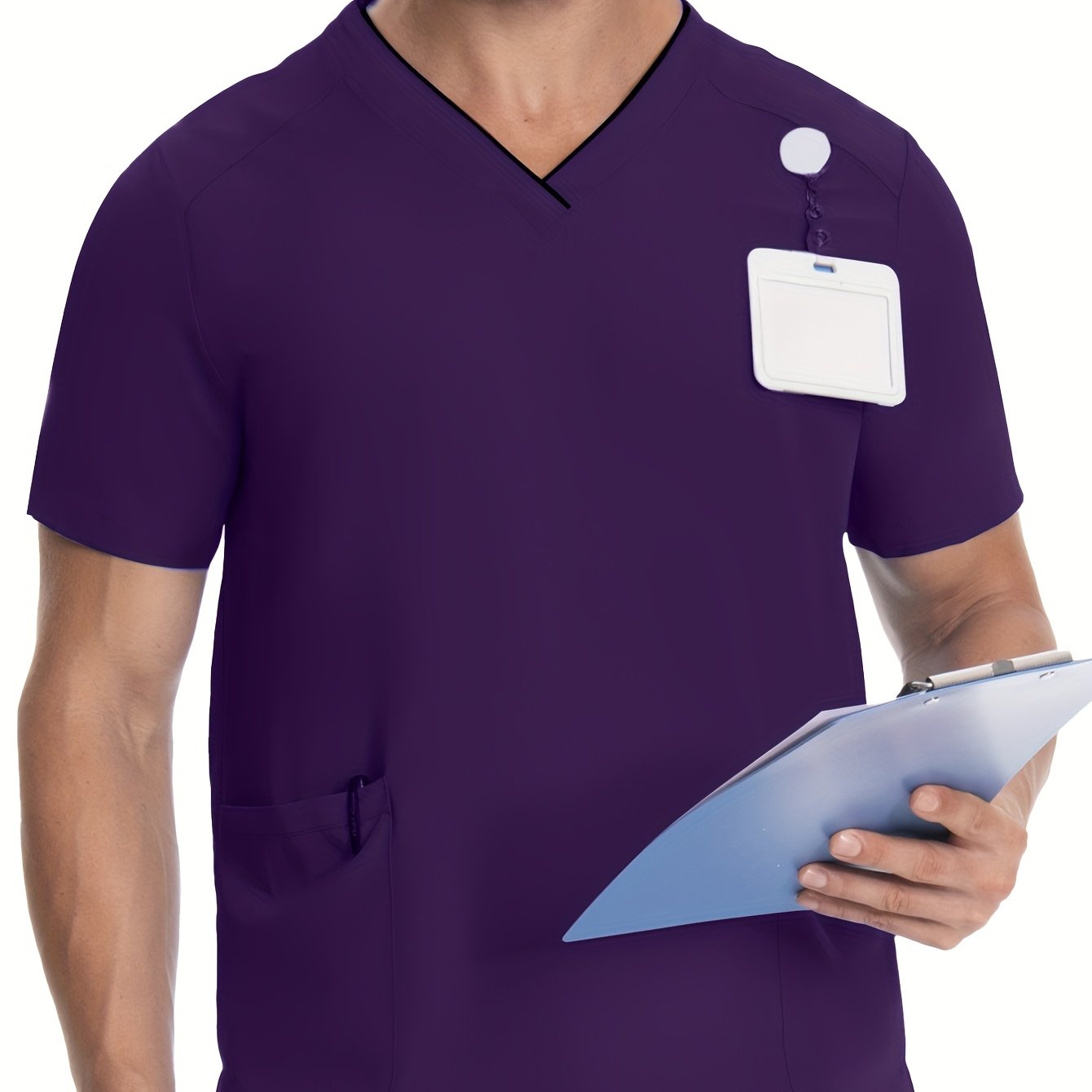 Men's Short Sleeve V-Neck Scrubs with Pockets, Polyester Lab Coat, Breathable with Slight Stretch, Regular Fit, Ideal for Pet Grooming and Medical Uniforms in Spring/Summer/Fall.