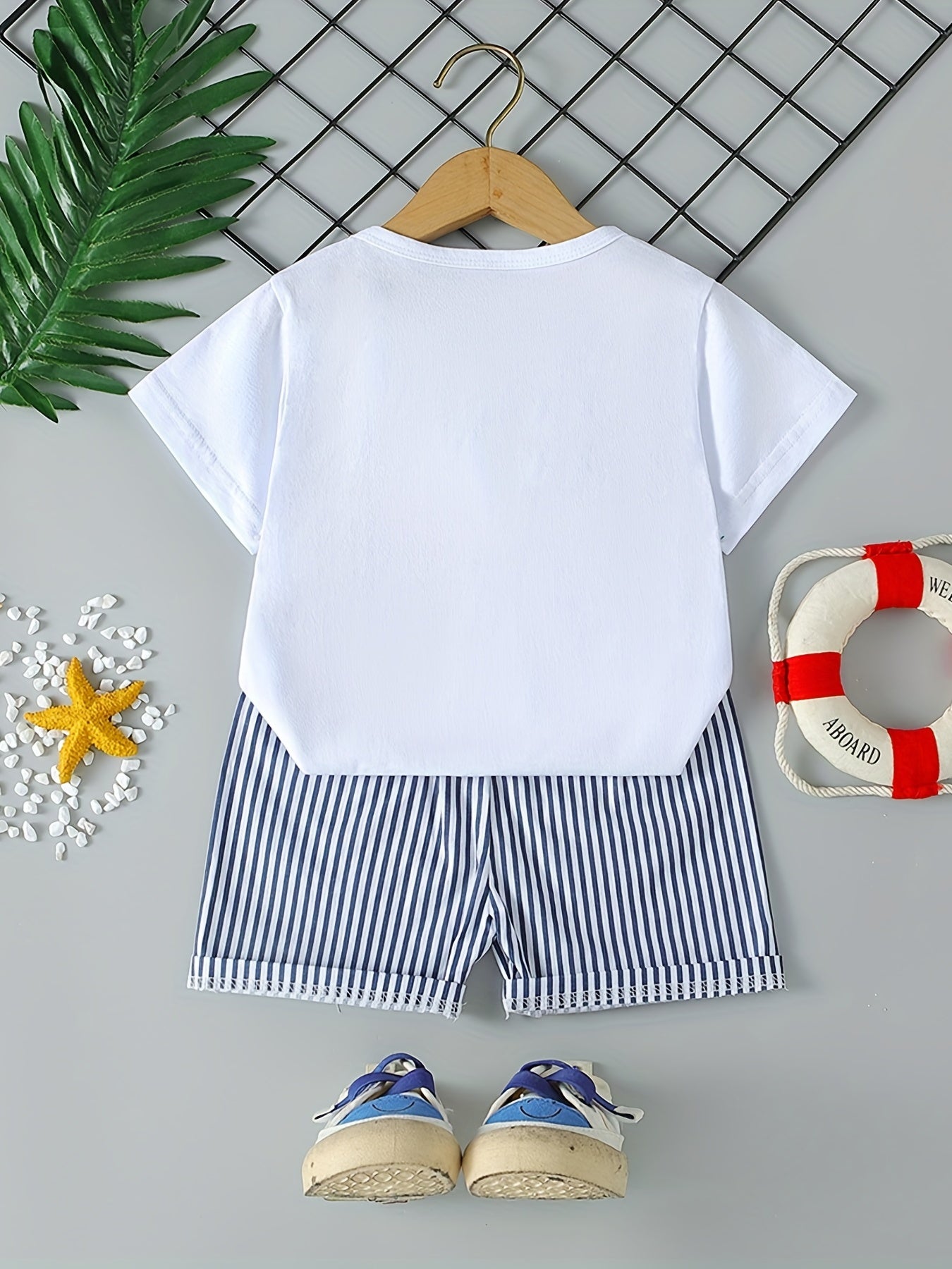 Boys Whale Casual Outfit: T-shirt & Striped Shorts for Summer Wear