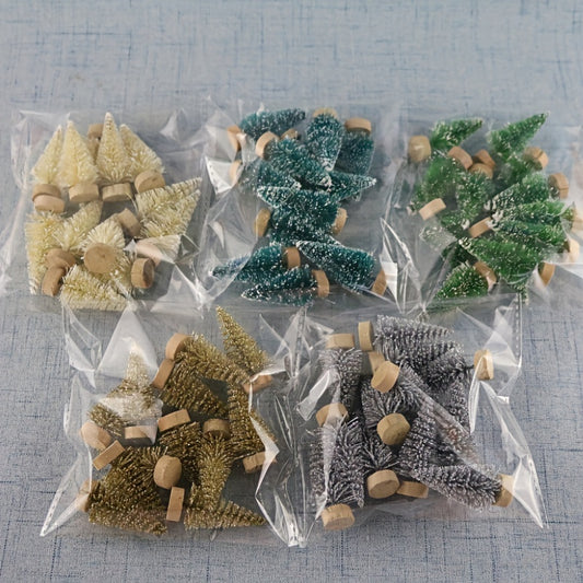 12 mini Christmas tree decorations, including fir and pine trees, for tabletop and home decor. Perfect for New Year's festivities and winter-themed parties. Ideal for creating a festive atmosphere in any room.