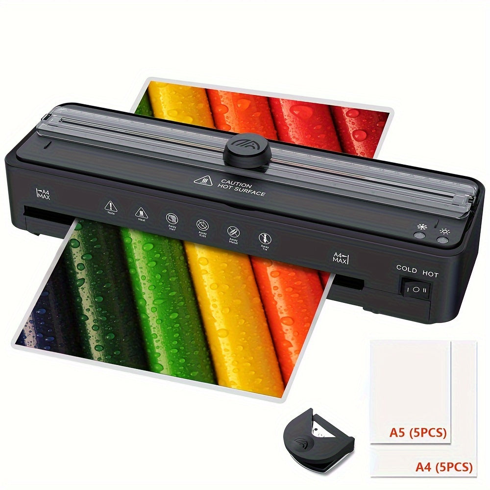 A4 Laminator Machine with Cutter and Corner Rounder, 10 Pouches, Cold & Thermal Lamination, Fast Warm-Up, European Standard Plug, for Home Office School.