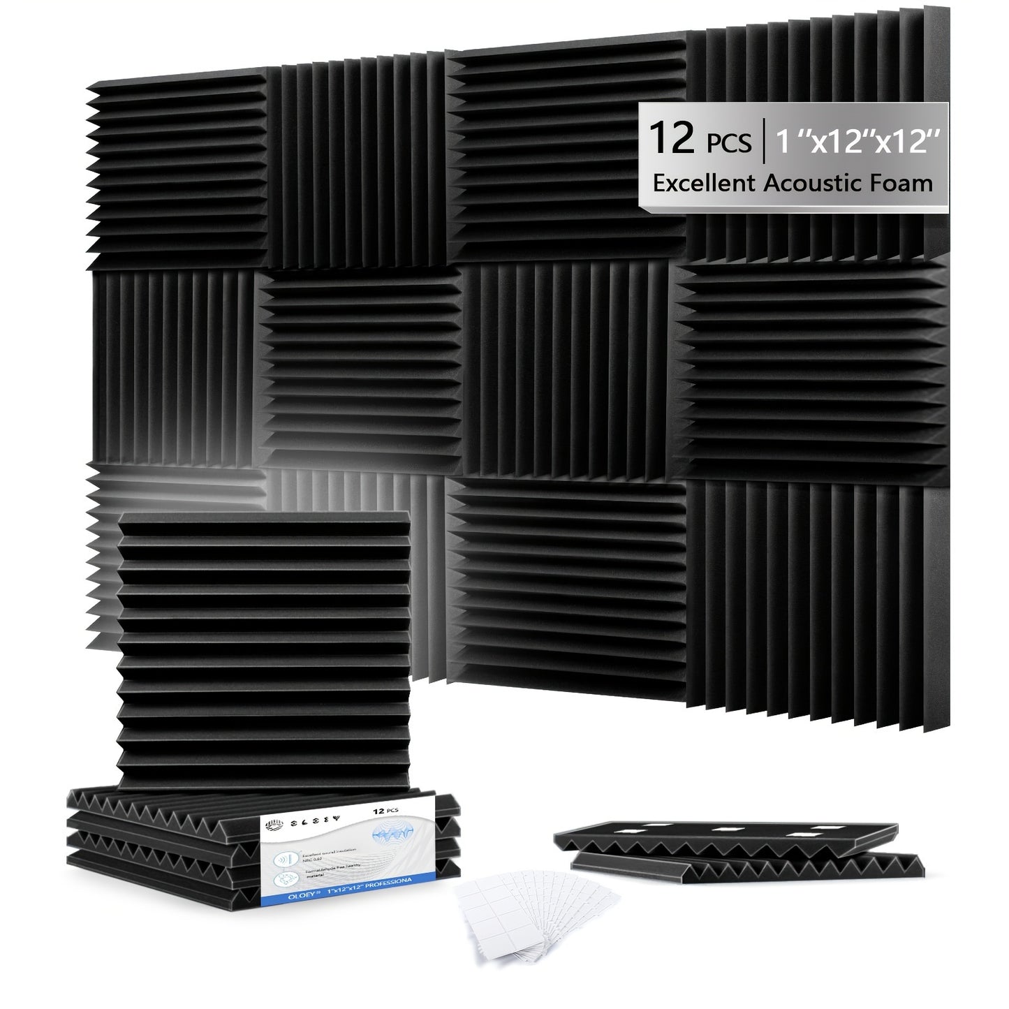 OLOEY 12pcs Acoustic Foam Panels for noise reduction in studios, offices. Self-adhesive for easy mounting on walls and ceilings.