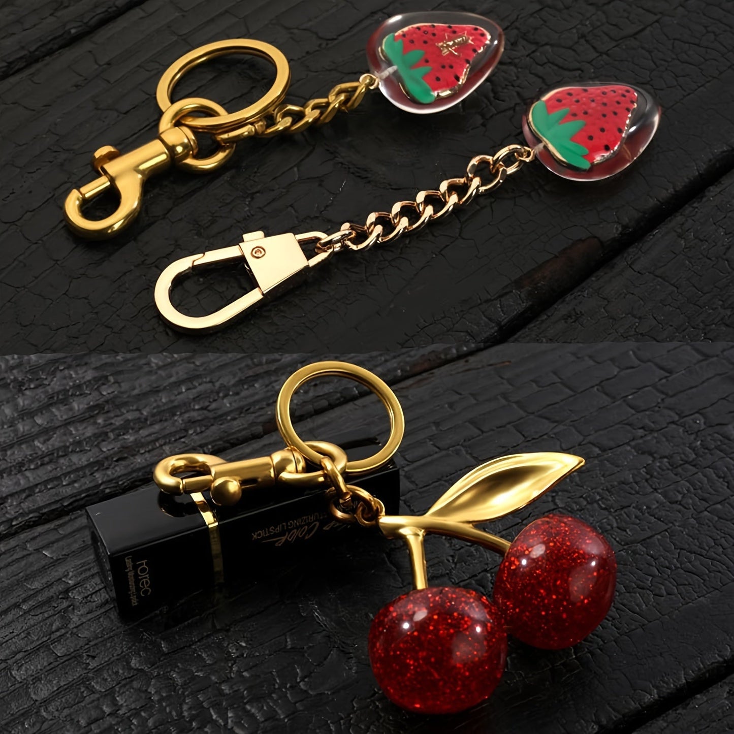 Add a touch of sparkle to your handbag with the TASAHNI Sparkling Cherry Keychain Charm. This stylish resin and metal fashion accessory features a lobster clasp for easy attachment. Perfect as a decorative women's key ring, this single piece is ideal for