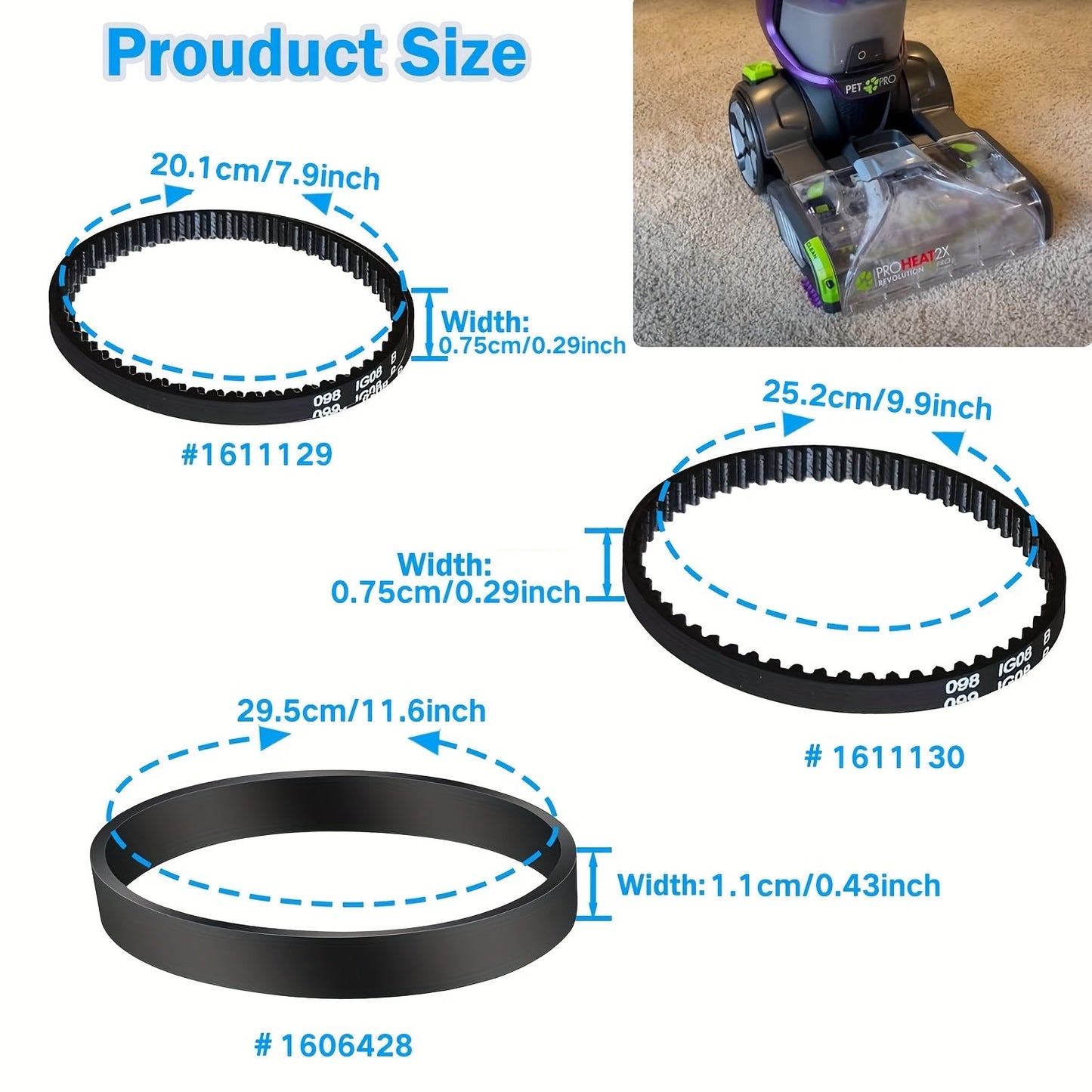 Get a 3-Pack of HOME TIMES Replacement Vacuum Belts for Bissell ProHeat 2X and Pet Pro Cleaner. These belts are compatible with the 1986, 1964, 2007, and 2007P Series. Made from durable rubber material, these belts do not require electricity to operate.