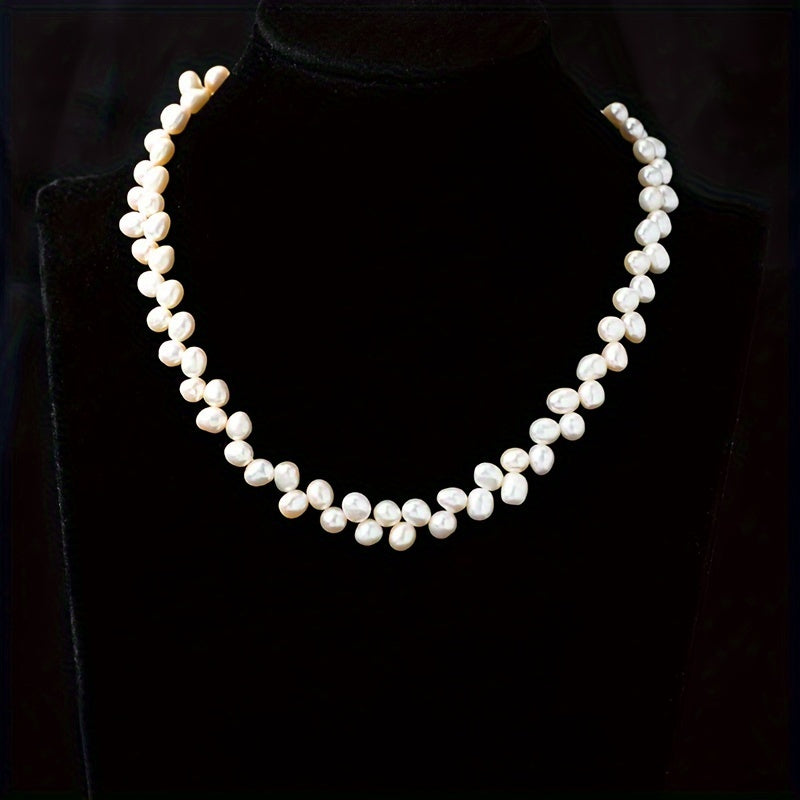 Elegant Baroque Small Rice Grain Freshwater Pearl Necklace for Women, a Luxury and Stylish Clavicle Chain perfect for Mother's Day featuring 80pcs of 8mm Irregular Freshwater Pearls in a New Design.