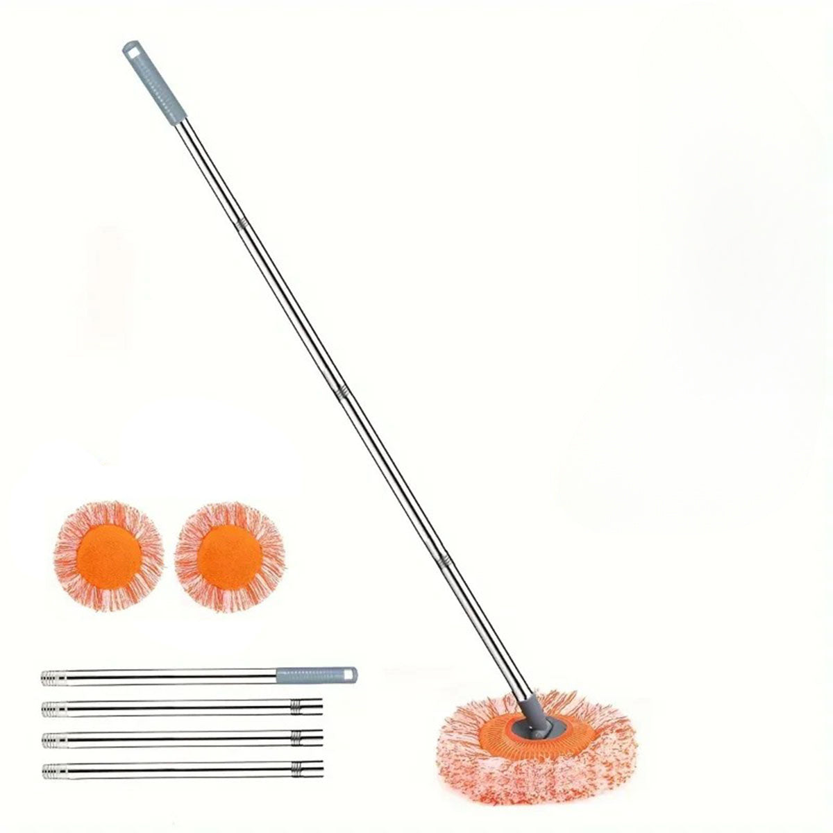 Mop suit with 360 ° rotating feature, round microfiber mop head that is dust-proof. Includes 4 sturdy steel pipes for support and 2 replacement mop heads for effective wall cleaning.