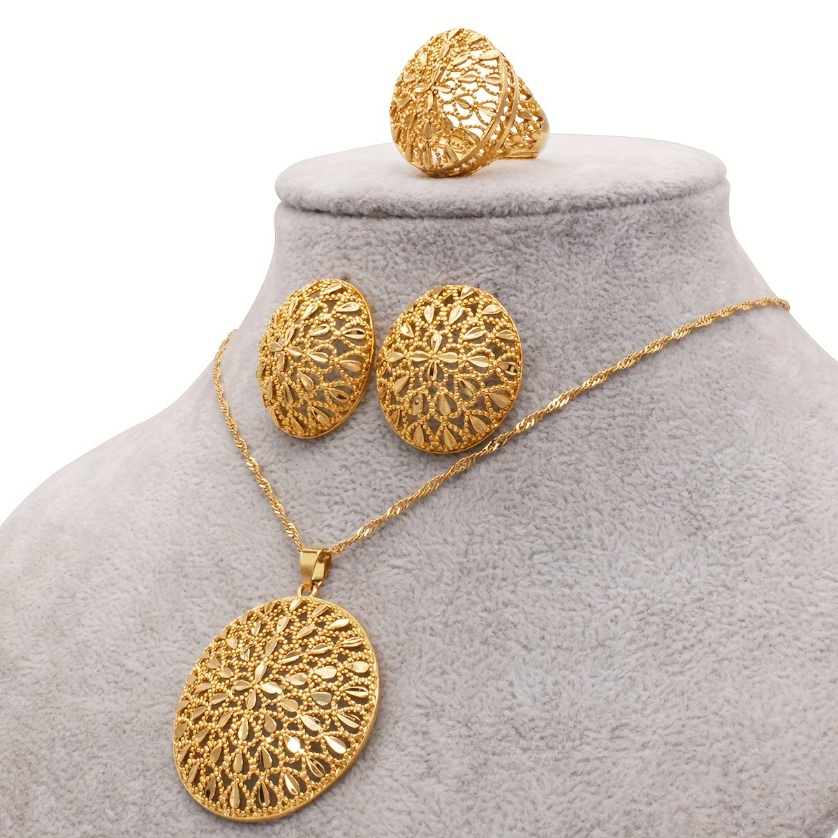 Luxurious Gold-Plated Jewelry Set for Women - Exquisite African-Inspired Design Featuring Necklace, Earrings & Ring - Ideal Present for Every Celebration