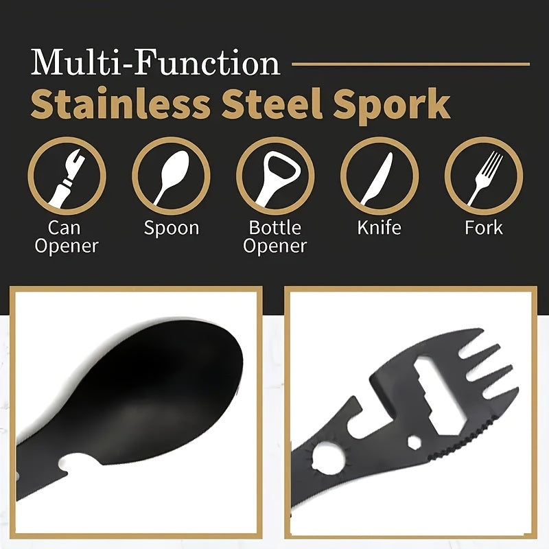 Portable stainless steel utensil with 10 functions for outdoor activities.