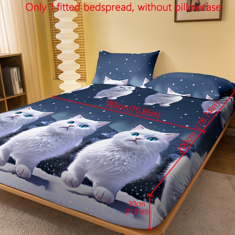 Soft and comfortable snow blue eyes white cat print fitted sheet, perfect for bedroom or guest room. This brushed fitted sheet comes with deep pockets and is designed as a mattress protector. Pillowcase not included. Get just the fitted sheet for a