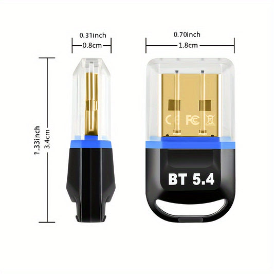 USB BT 5.4 wireless adapter for computers, headsets, keyboards, mice, and speakers. Plug and Play for Windows 11/10/8.1, backward compatible with previous versions. Instantly add Bluetooth