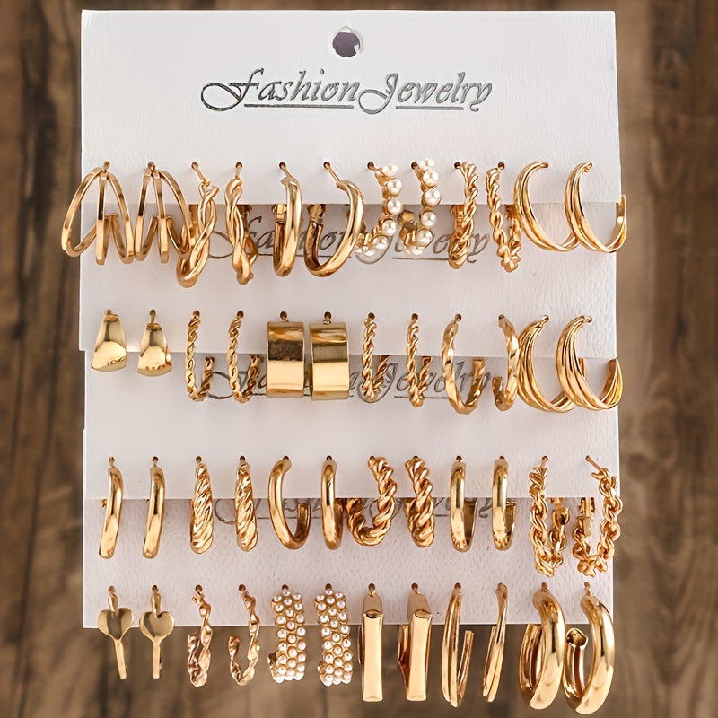 48-piece set of hoop earrings for women, featuring elegant geometric and heart designs embellished with faux pearl accents. Made with stainless steel posts, these earrings are perfect for casual attire and make great gifts.