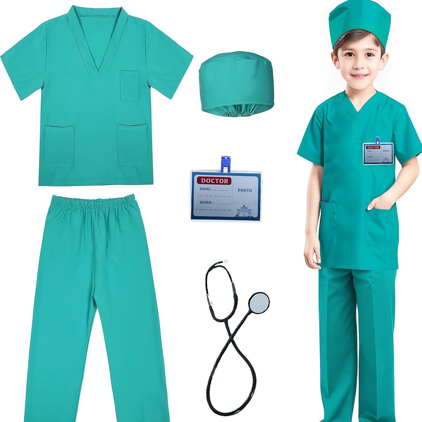 5 pieces of Children's boy doctor and nurse play clothes suitable for ages 3-10. Perfect for role playing, parties, and holidays.