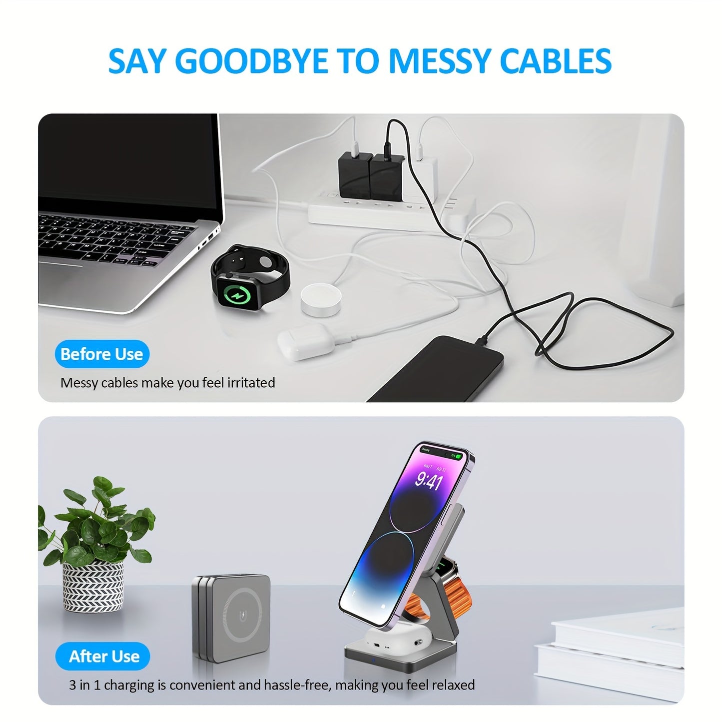 3-in-1 fast wireless charger for iPhone 15 14 13 Pro Plus Pro Max, with magnetic foldable design. Includes 5W portable charger for Apple Watch 9 8 7 6 5 and Airpods.