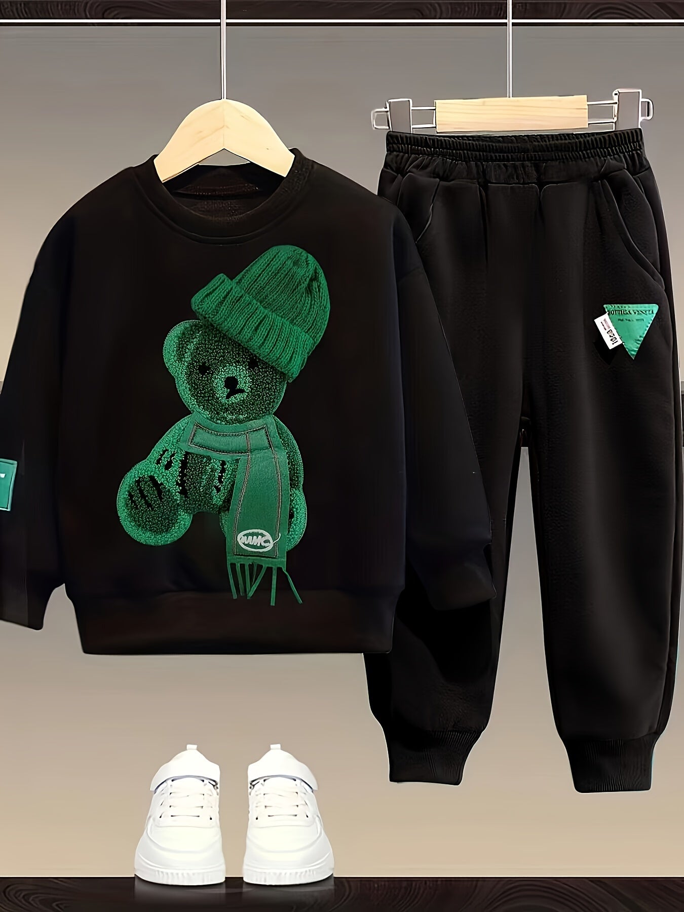 Children's Fashion Casual Clothes Set including Boys' Spring and Autumn Sweater, Pants, and Three-dimensional Cartoon Scarf Bear Long Sleeve Top.