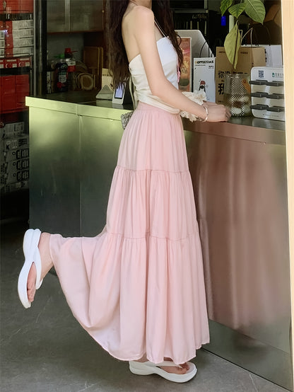 Women's elegant tiered A-line long skirt made of 100% polyester with lining, elastic high-waist, flared hem, loose fit, suitable for spring/summer/fall fashion.