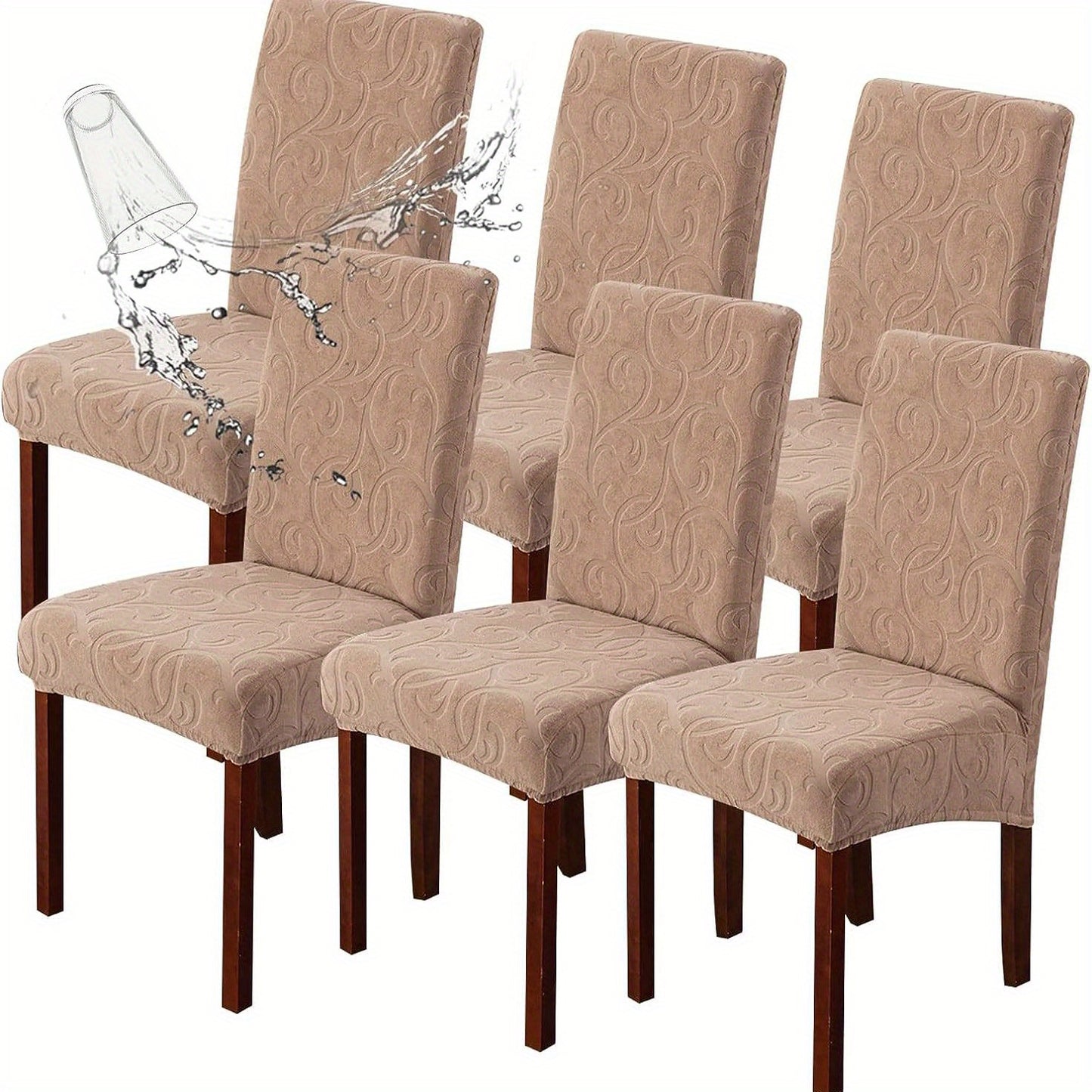 Waterproof chair slipcovers in 4pcs or 6pcs, stretch jacquard design for dining chairs. Removable, washable protector for home or commercial use.