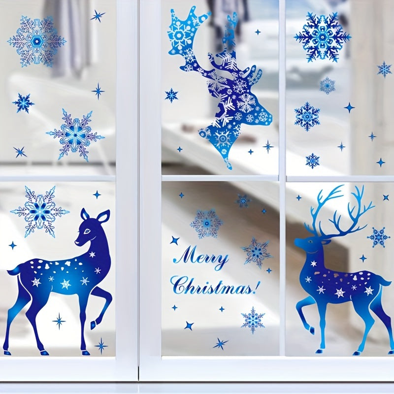 Christmas Snowflake Elk Static Electricity Window Film made of PVC, perfect for decorating your home during Christmas and New Year. Ideal for use on windows, doors, bathrooms, offices, bedrooms, and living rooms.