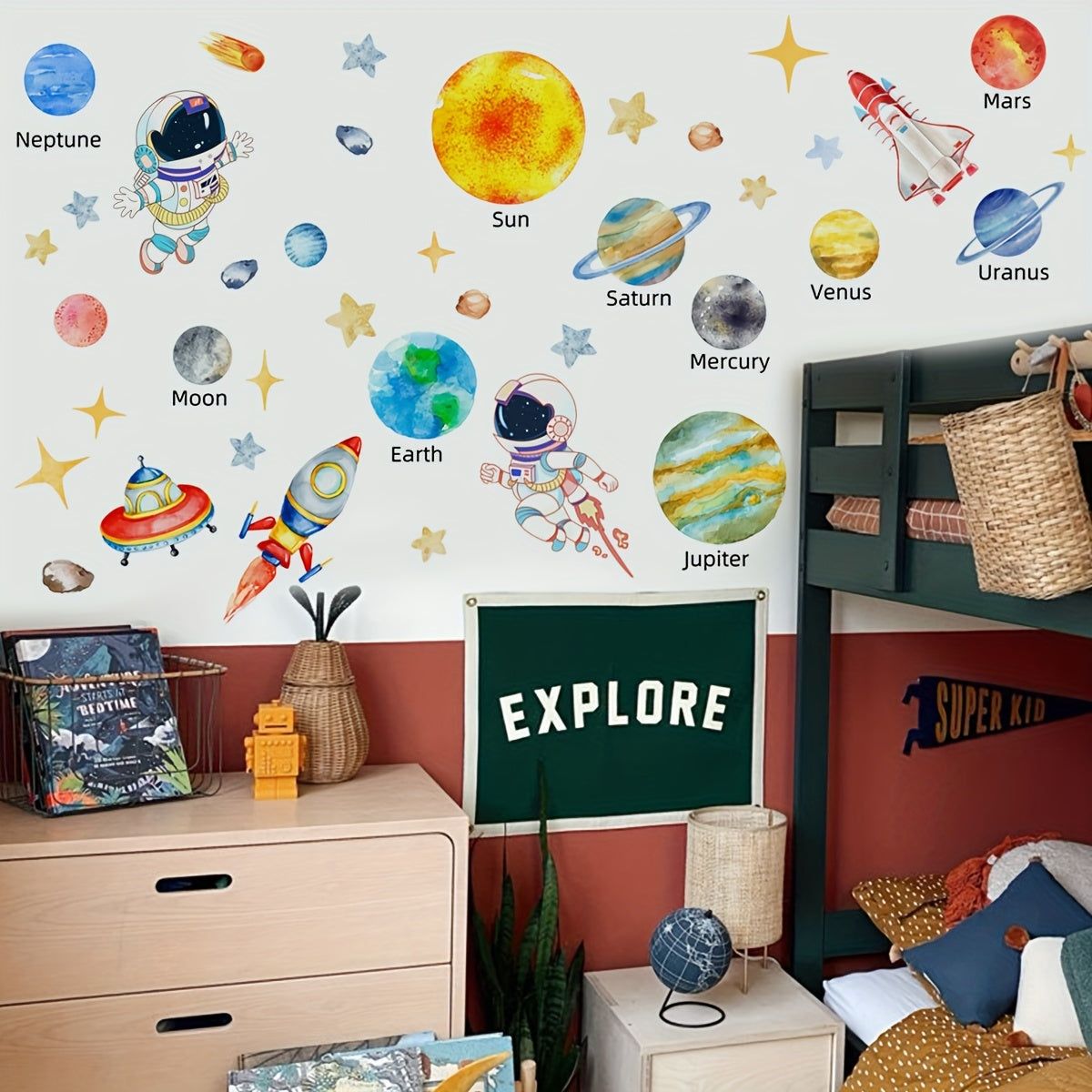 Solar System wall stickers measuring 160.02x80.01cm, featuring astronauts, stars, UFOs, planets, and spaceships. Ideal for room, bedroom, living room, playroom, or classroom decorations.