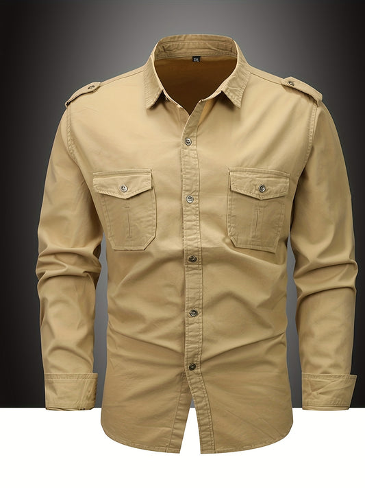 Mens vintage style cotton shirt with chest flap pockets, ideal for outdoor activities or parties.