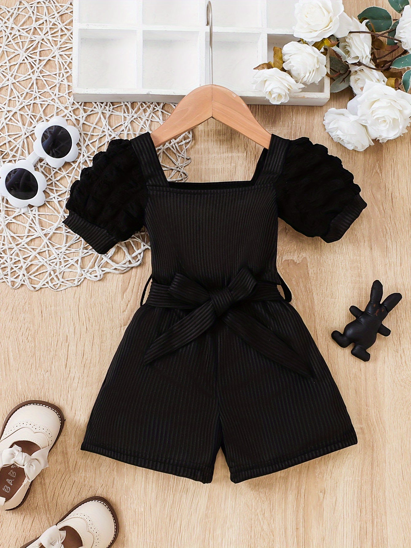 Chic short bubble sleeve romper with belt for Spring/Summer