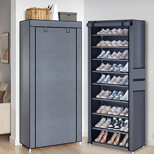 A single piece, 10-tier, durable and spacious shoe rack perfect for the bedroom doorway. This vertical storage solution can hold 18-22 pairs of shoes and comes with an independent cabinet featuring a dust cover for added protection.