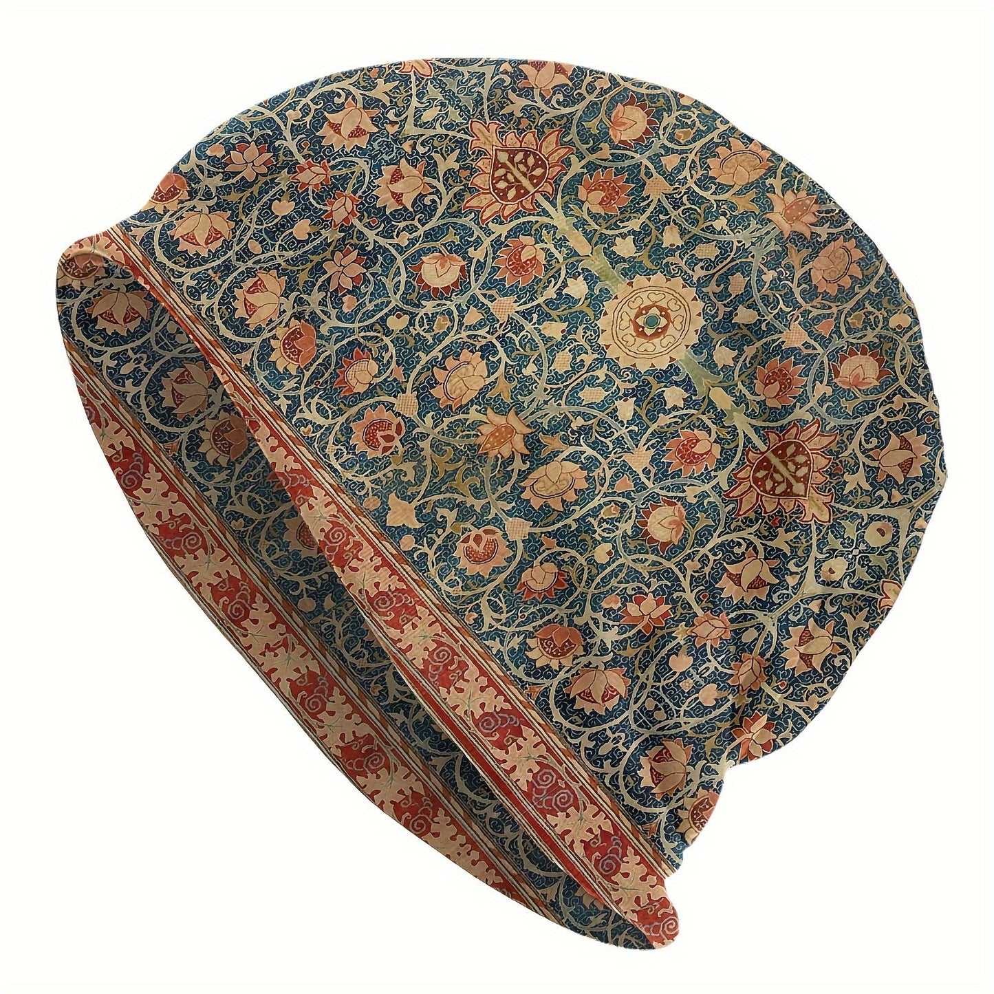 Beanie Inspired by Antique Tabriz Persian Rug, Boho-Chic Style - Soft, Stretchy Skull Cap for Men & Women, Machine Washable with Floral Print