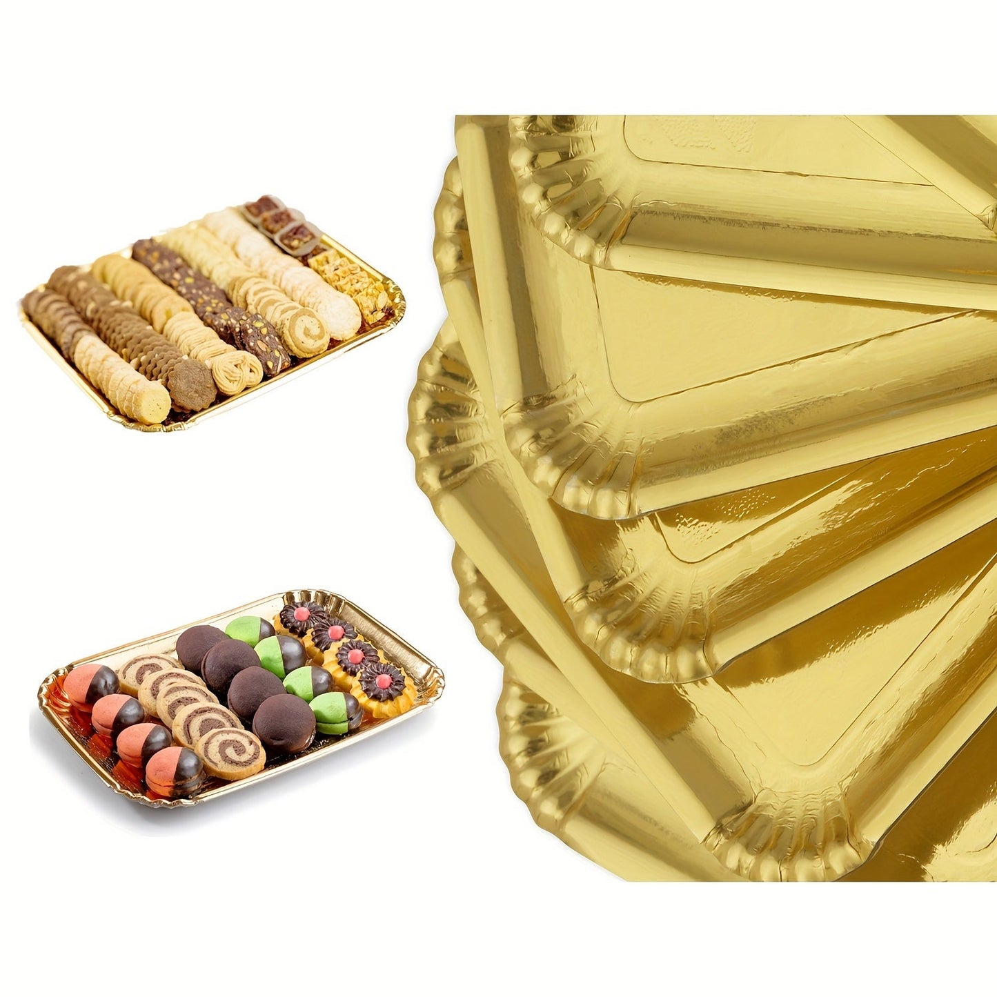 10 elegant golden rectangle cake boards with scalloped edges, designed for heavy duty use. These disposable paper serving trays are greaseproof and perfect for serving desserts and cupcakes. Ideal for birthday parties, weddings, and holiday celebrations.