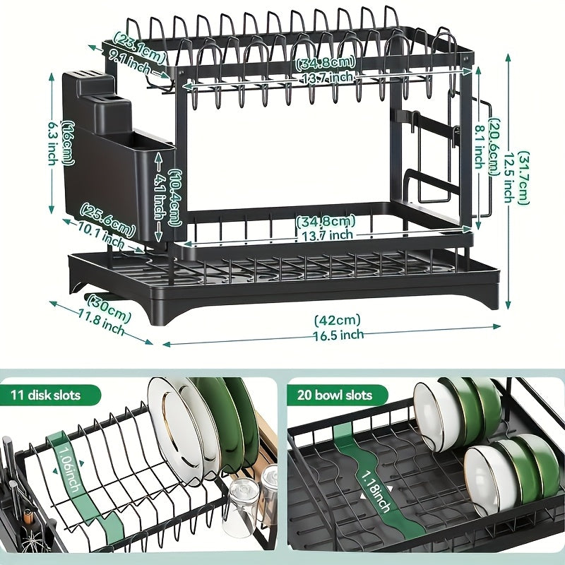 Multifunctional carbon steel holder for bowl, plate, and kitchen items with drainage board. Saves space and no electricity needed.