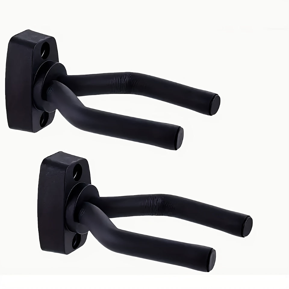 Adjustable black foam steel guitar wall hooks for displaying instruments of all sizes - space-saving and safe.