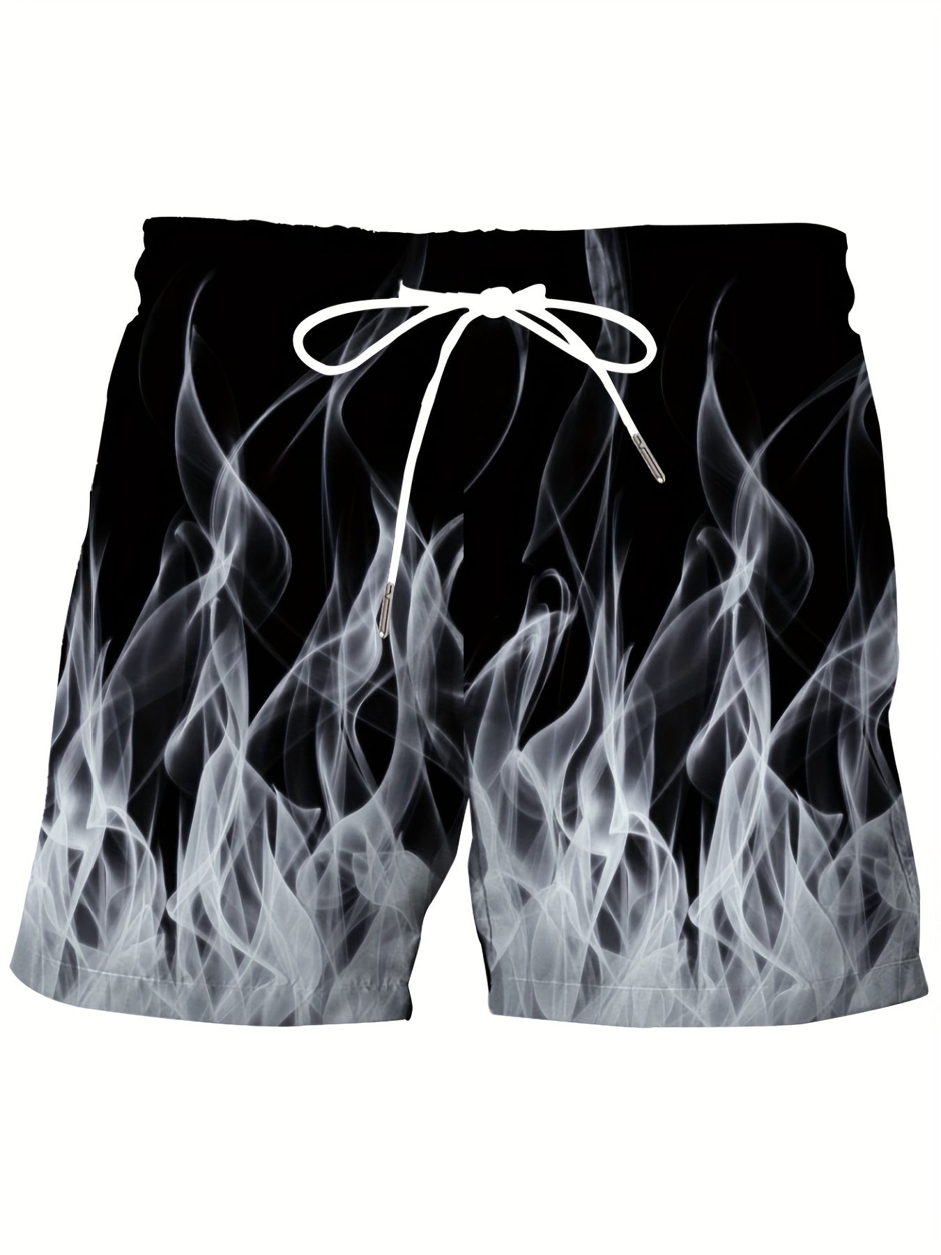 Large men's flame print beach shorts with Hawaiian style, breathable and casual for streetwear or swimming.