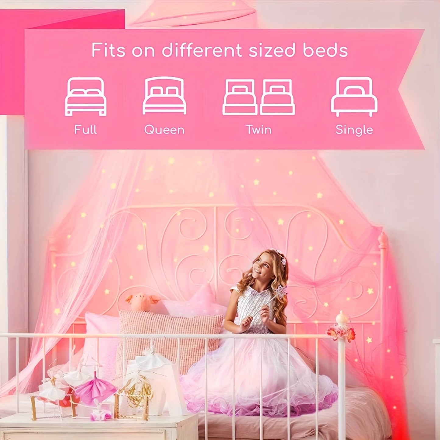 Princess Pink Bed Canopy With Glowing Stars - Perfect Baby Canopy For Bed, Elegant Room Decor, Ceiling Tent, and Crib Canopy | Available in Single, Twin, Full, and Queen Sizes | Ideal Kids Bed Curtains for Christmas, Thanksgiving, New Year, Valentine's