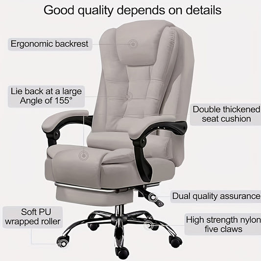 Ergonomic high-back office chair with footrest, faux leather, stainless steel frame, adjustable recline & tilt, dual thick cushions for comfortable gaming & work, easy assembly, home office