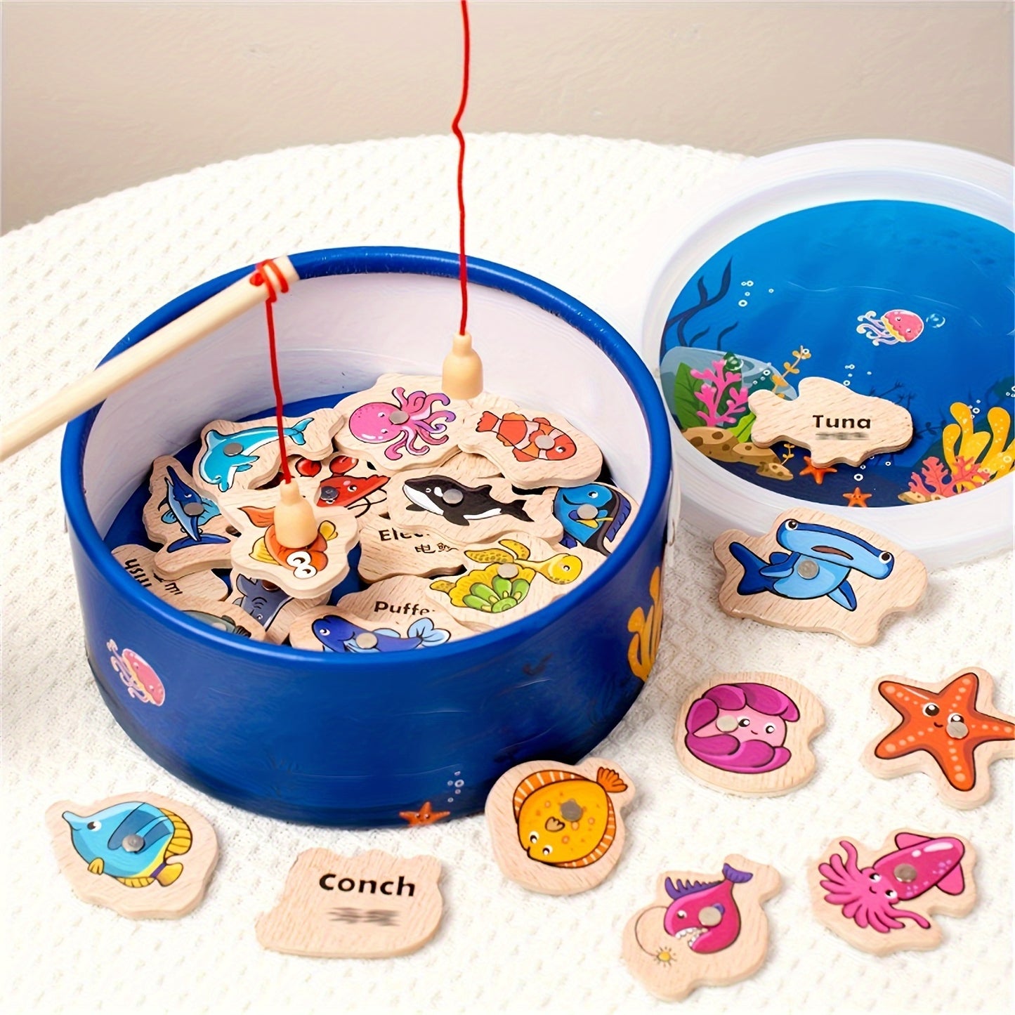 VPHWG Magnetic Wooden Fishing Game: Educational, Interactive, Colorful Marine Life Pieces, Ideal Birthday Gift.