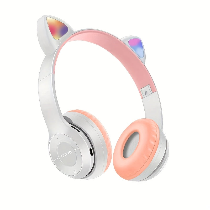 Anime cat ear wireless headphones with LED lights, microphone, rechargeable battery, 3.5mm jack, push button volume control. Compatible with cellphones, non-waterproof. Ideal for cycling