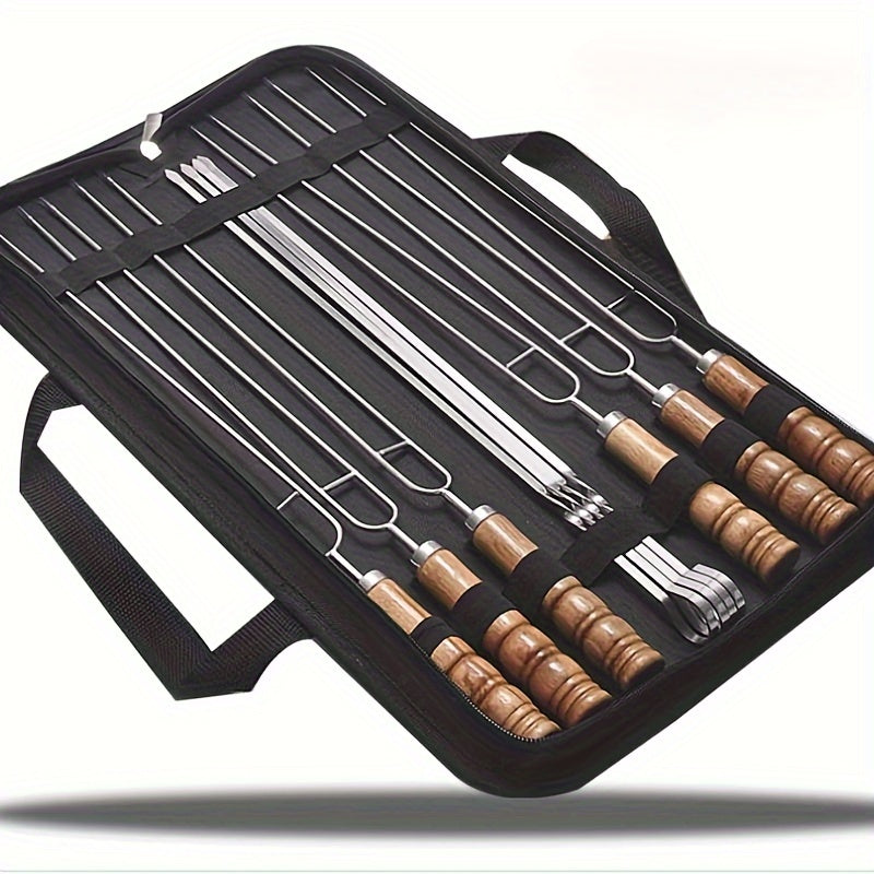 11-piece Stainless Steel BBQ Skewer Set for Outdoor Camping and Indoor Parties - Reusable and Easy to Clean.