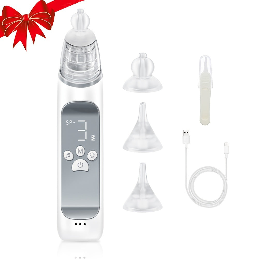 Electric nose suction device with music and lighting features, three adjustable suction levels, and interchangeable suction heads.