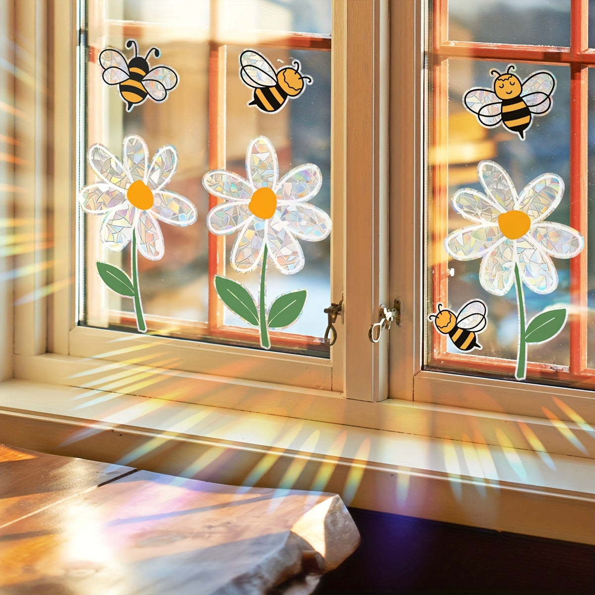 Modern Rainbow Daisy and Bee Window Clings - 5millimeters Thickness Static Cling PVC Material - Two-Sided Design - Can be Reused - Features Bee and Flower Designs for Bedroom, Balcony, Kitchen Window Decoration - Includes 1 Sheet (30x42cm) - Model