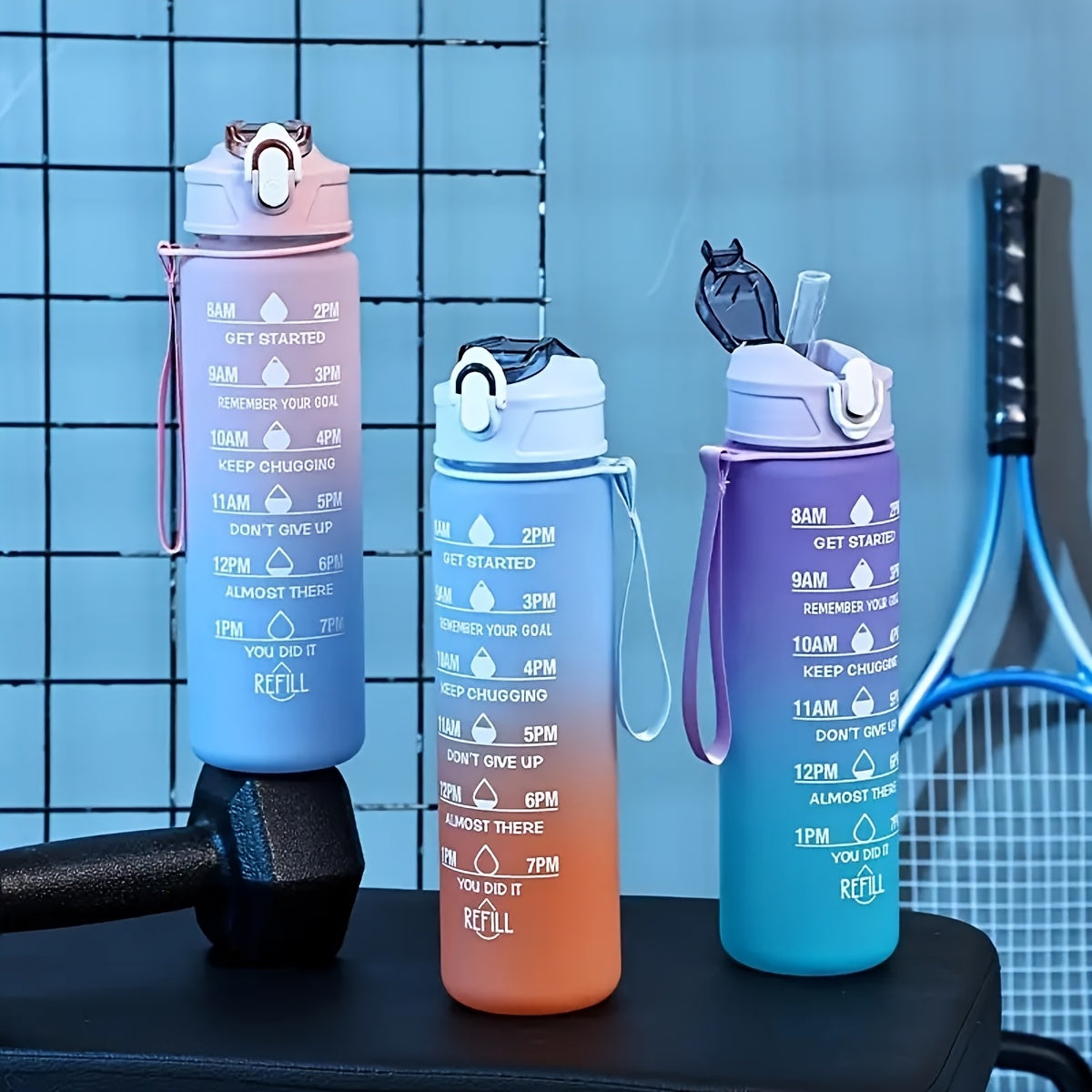 Motivational gradient water bottle with straw, time marker, and carrying strap - BPA-free, leakproof sports cup for fitness activities.