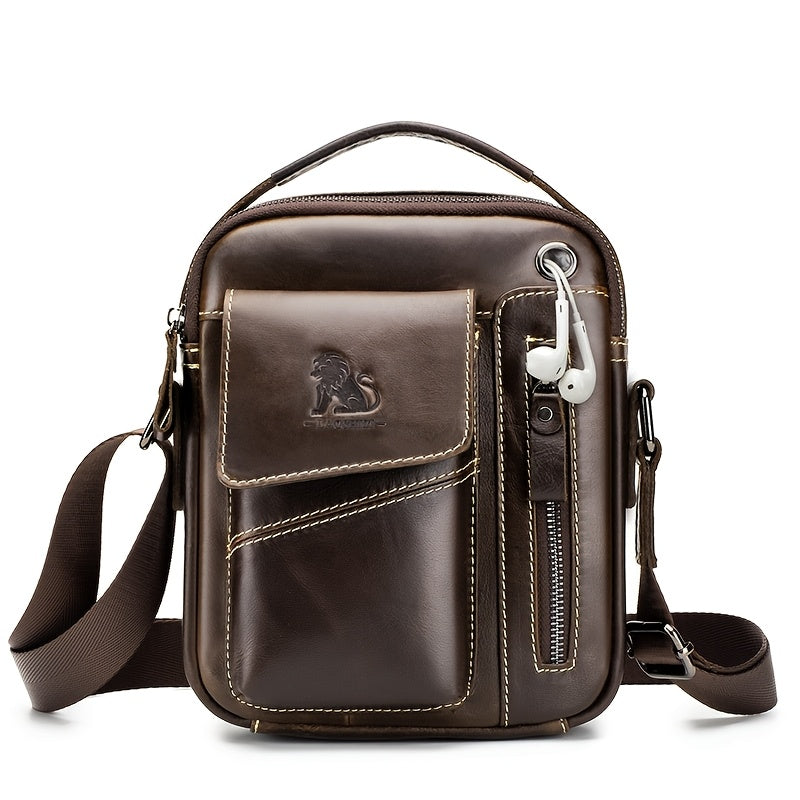 Fashion Genuine Leather Men's Crossbody Bag with Adjustable Shoulder Strap, Multi-Compartment Design, Zipper Closure - Dark Brown, Non-Washable for Outings.