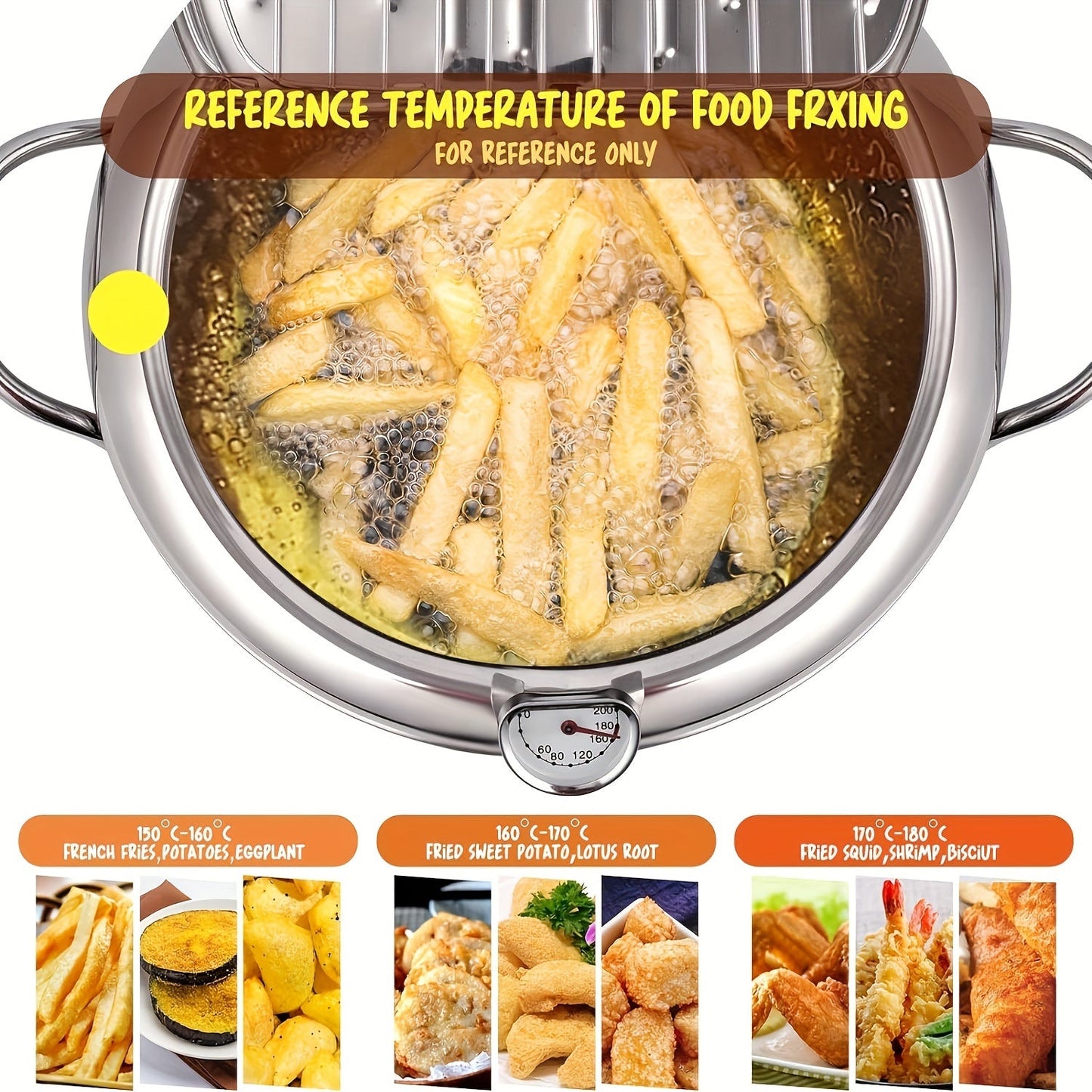 Deep fry your favorite delicacies with ease using this stainless steel pot. Featuring a large capacity of 2.2L and a temperature display, this pot is ideal for frying chicken, fries, and more. It is compatible with gas stoves, induction cookers, and