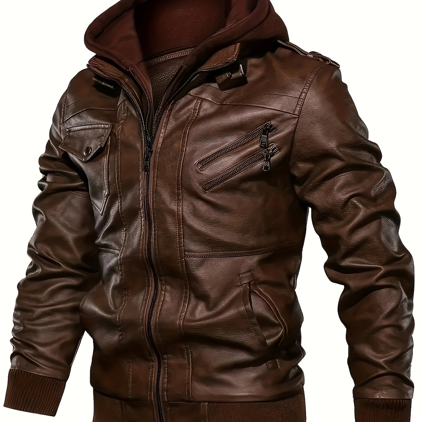 Men's casual faux leather jacket with hood, multi-pocket design, regular fit, solid color, polyester lining, woven fabric - Pearson OBM.