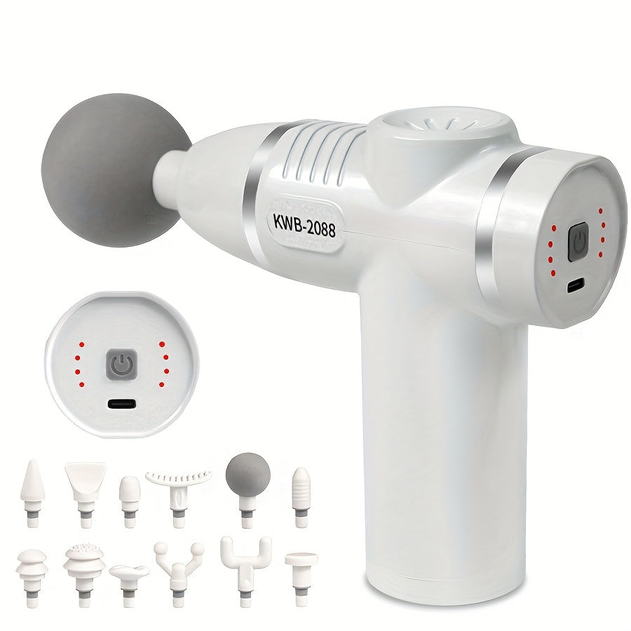 Portable deep tissue massage gun with 12 attachments, rechargeable lithium battery, unscented, USB charging, plastic body.