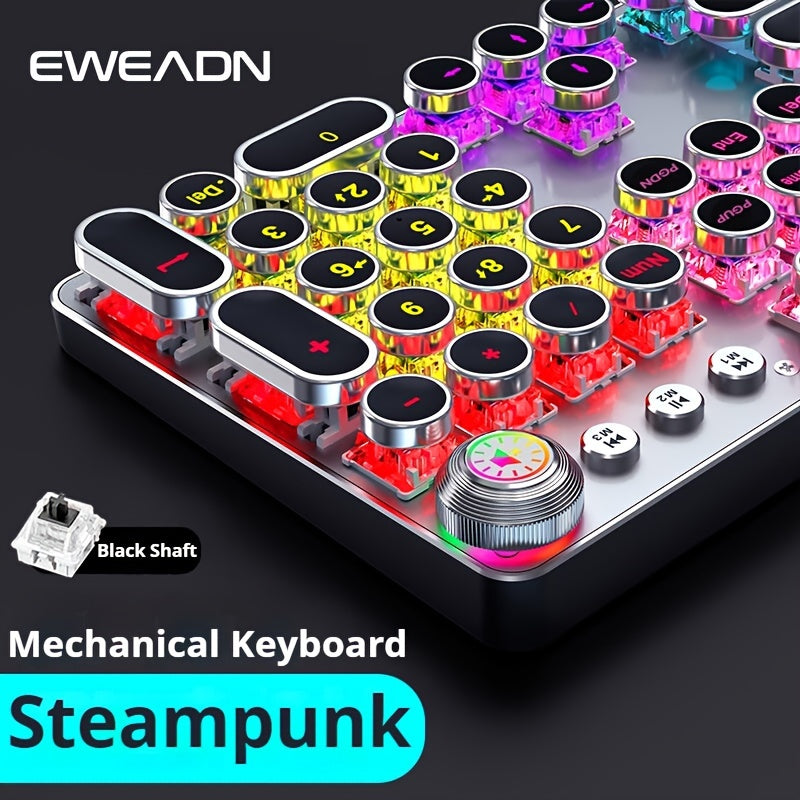 EWEADN Steampunk Mechanical Gaming Keyboard - Full Size with 104 Keys, Metal Panel, LED Backlit, USB Wired, Multimedia Knob, Black Switches, Ideal for Gamers and Office Use.