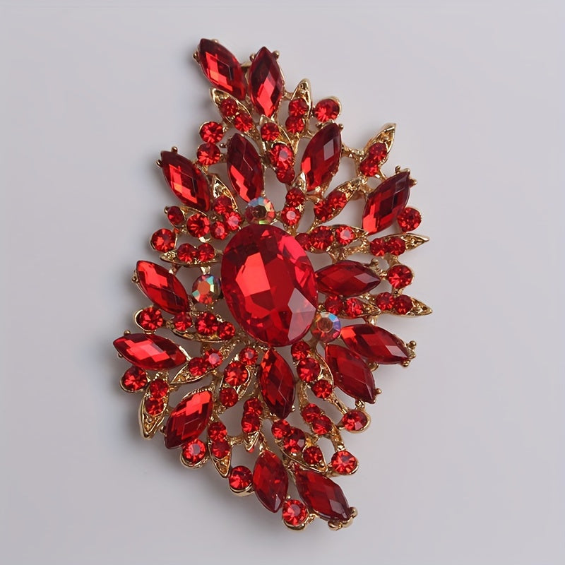 Extravagant Red Crystal Glass Brooch Pin with Large Floral Design, a Stylish Women's Fashion Accessory