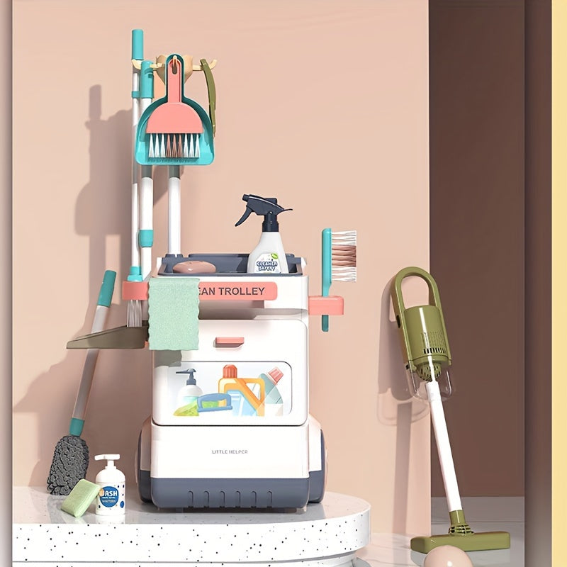 Children's cleaning play set includes vacuum cleaner and 20 piece housekeeping toy kit made of durable PP material.