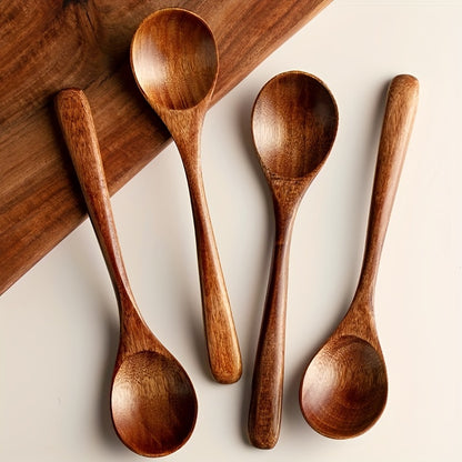 4-piece set of wooden spoons for mixing and serving soup, coffee, dessert, and other foods, suitable for use in restaurants and at home parties.