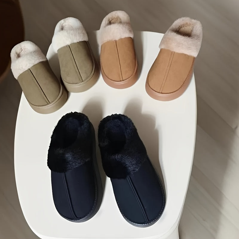 Women's cozy slippers with thick sole for winter warmth, non-slip, hand washable fabric, and EVA sole for home comfort.