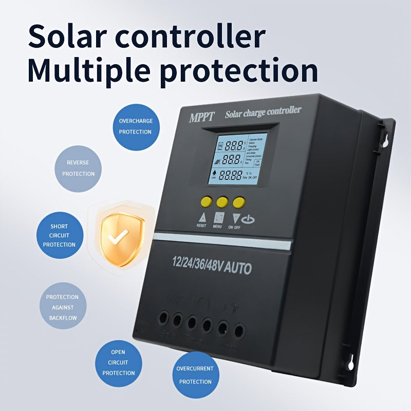 MPPT Solar Charge Controller supports multiple voltage options with LCD display, dual USB output for phone charging, compatible with lead-acid and lithium batteries, and features automatic