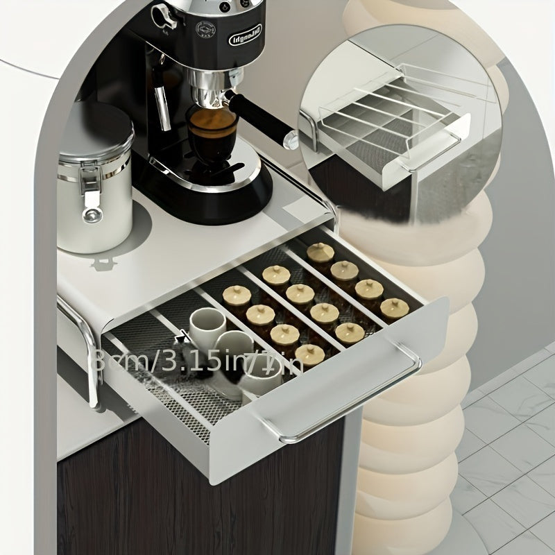 Stylish Metal Coffee Pod Holder with Drawer - Organize Your Countertop with Capsules, Tea Bags, and Accessories - Ideal for Adding Charm to Your Kitchen and Dining Area